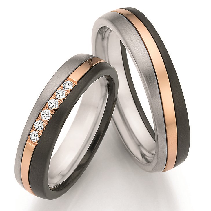Surfing Colors Zwarte Zirkonium Rosegoud Titanium Diamant Trouwringen 3 zwarte trouwring zirkonium rosegoud titanium diamant