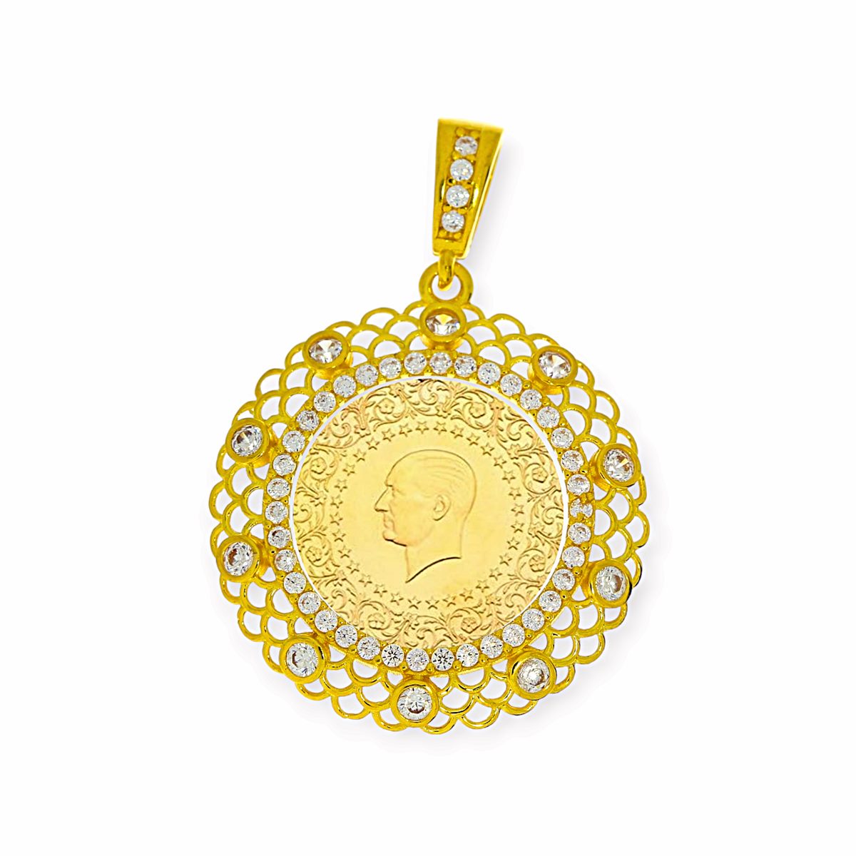 Gouden Muntrand Hanger Voor Gouden Vijfje - Kwart Lira Ataturk Zirkonia Anatoli 14 karaats 4 Gouden Muntrand Hanger (Kwart Munt) Zirkonia 14 karaats