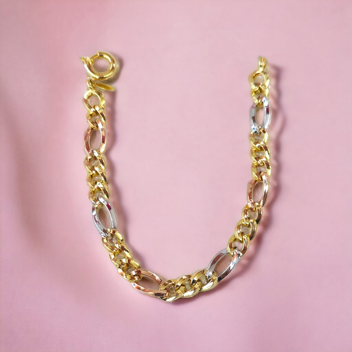 Gouden Tricolor Armband 7 mm 19.5 cm Schakelarmband Figaro 14 karaats 4 Gouden Tricolor Armband 7 mm 19.5 cm Schakelarmband Figaro 14 karaats